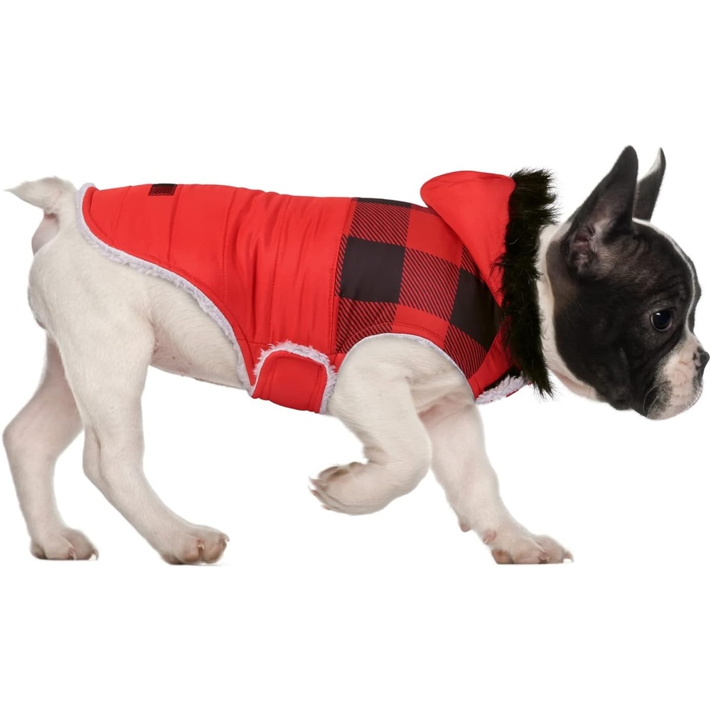 image:imageHDE Dog Puffer Jacket Fleece Lined Warm Dog Parka Winter Coat with Harness Hole 90s Black and Gold Metallic SBuffalo Plaid