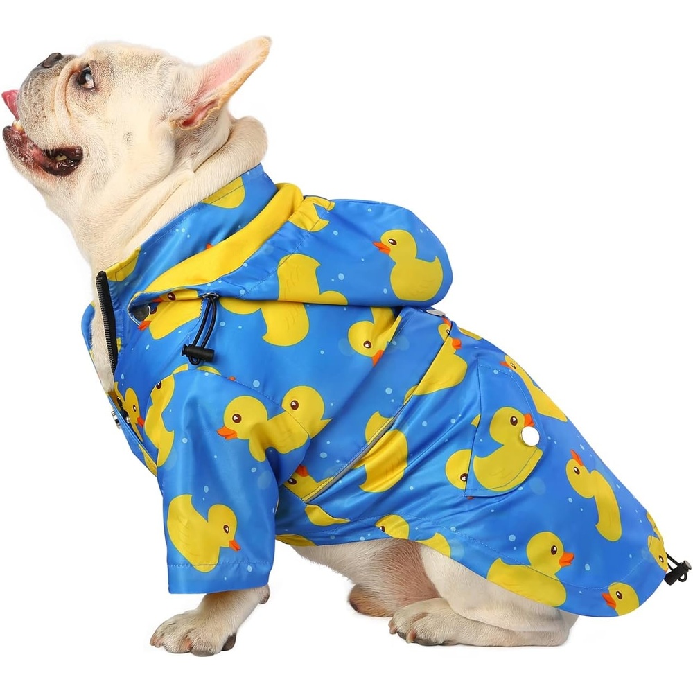 image:imageHDE Dog Raincoat Poncho Double Layer Zip Rain Jacket with Removable Hood Leash Hole for Small to 3XL Dogs and Puppies Dinosaurs SDucks Blue