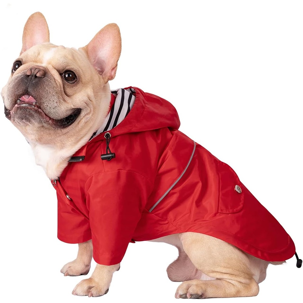 image:imageHDE Dog Raincoat Poncho Double Layer Zip Rain Jacket with Removable Hood Leash Hole for Small to 3XL Dogs and Puppies Dinosaurs SRed