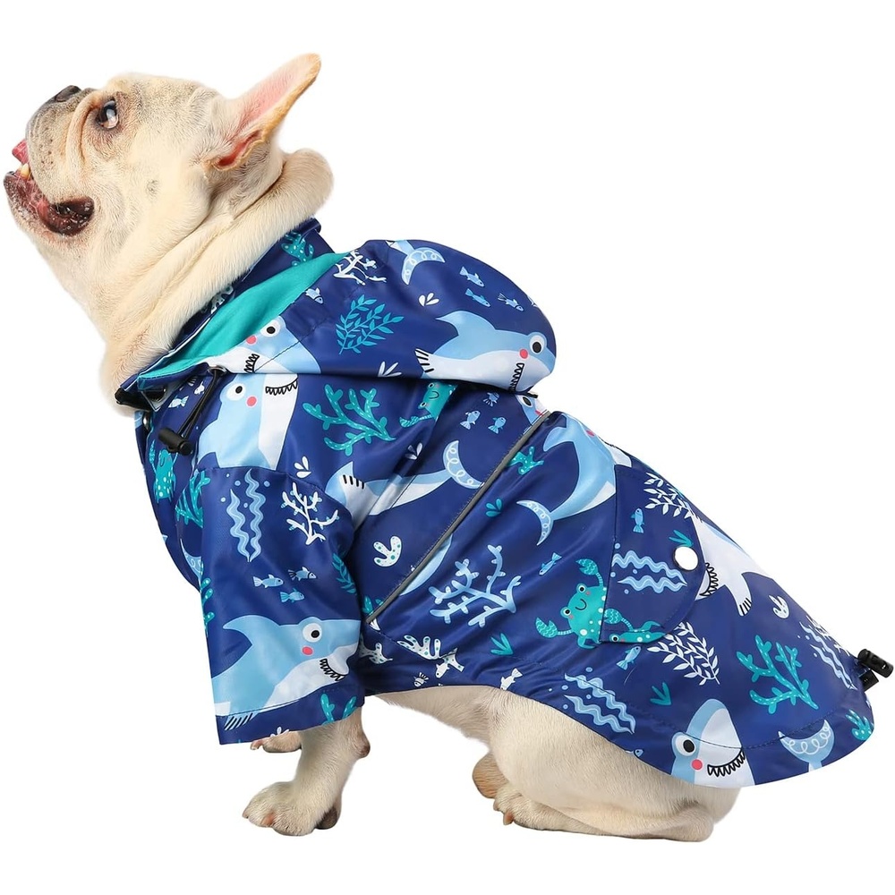 image:imageHDE Dog Raincoat Poncho Double Layer Zip Rain Jacket with Removable Hood Leash Hole for Small to 3XL Dogs and Puppies Dinosaurs SSharks