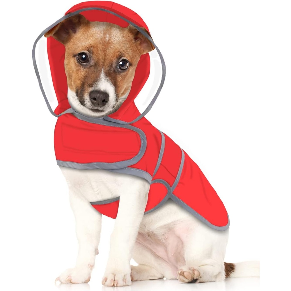 image:imageHDE Dog Raincoat with Clear Hood Rain Jacket Poncho for Small Medium Large Dogs Dinosaurs SRed