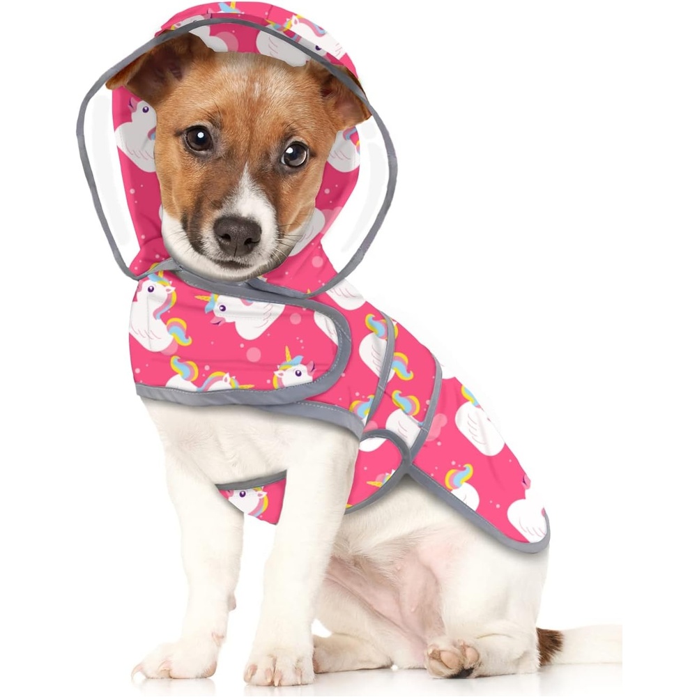 image:imageHDE Dog Raincoat with Clear Hood Rain Jacket Poncho for Small Medium Large Dogs Dinosaurs SUnicorn Ducks Pink