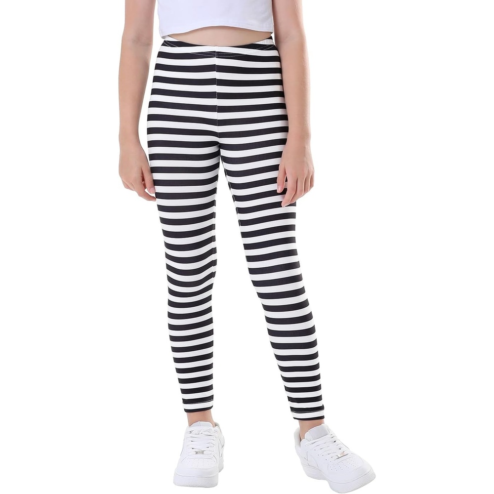 image:imageHDE Girls Leggings Holiday Stretchy Full Ankle Length Striped TightsBlack and White Stripes