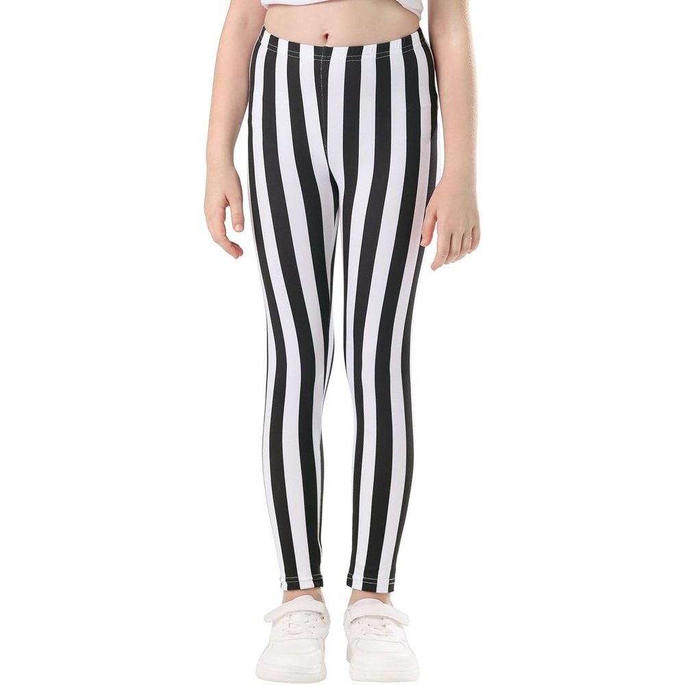 image:imageHDE Girls Leggings Holiday Stretchy Full Ankle Length Striped TightsBlack and White Vertical Stripes