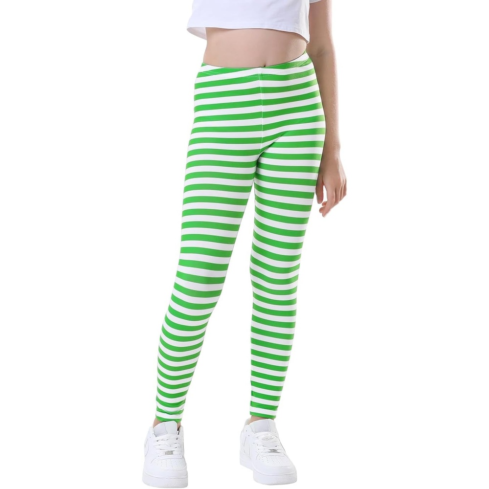 image:imageHDE Girls Leggings Holiday Stretchy Full Ankle Length Striped TightsGreen and White Stripes