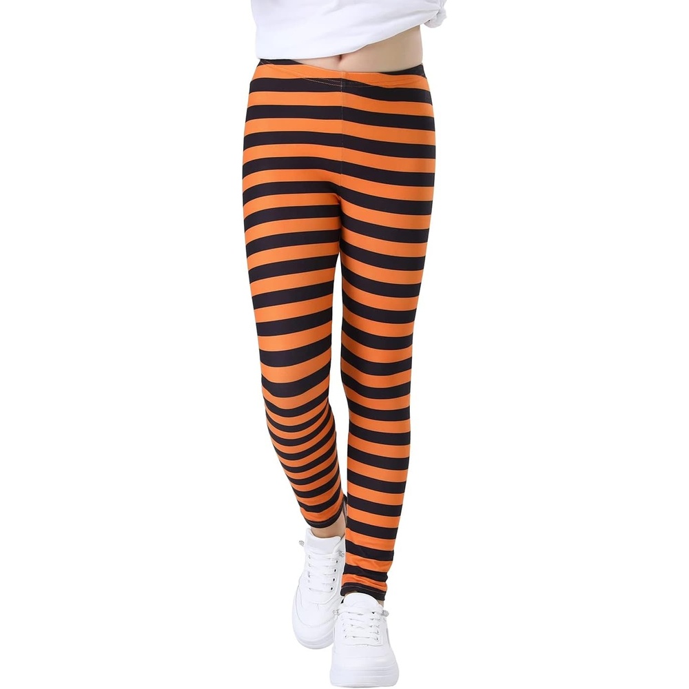 image:imageHDE Girls Leggings Holiday Stretchy Full Ankle Length Striped TightsOrange and Black Stripes