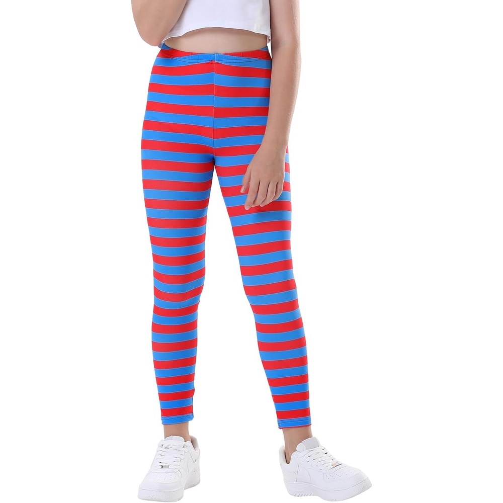 image:imageHDE Girls Leggings Holiday Stretchy Full Ankle Length Striped TightsRed and Blue and Stripes