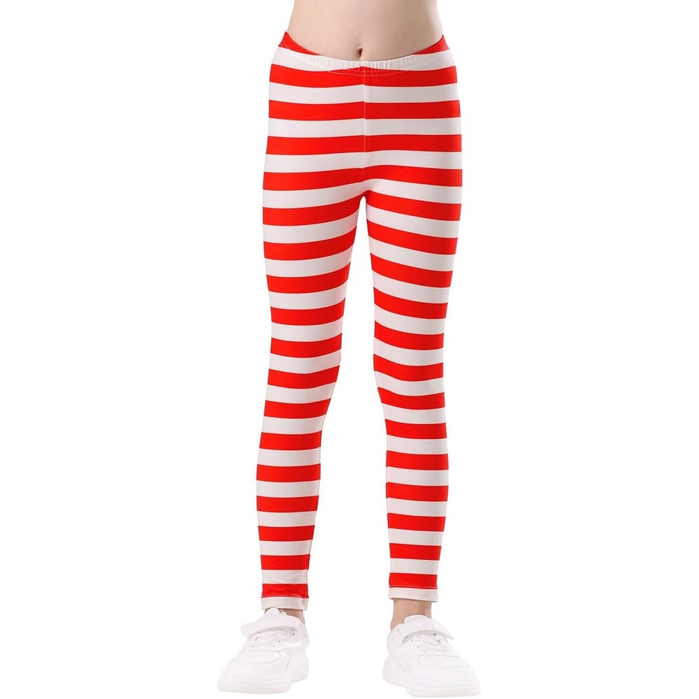 image:imageHDE Girls Leggings Holiday Stretchy Full Ankle Length Striped TightsRed and White Stripes