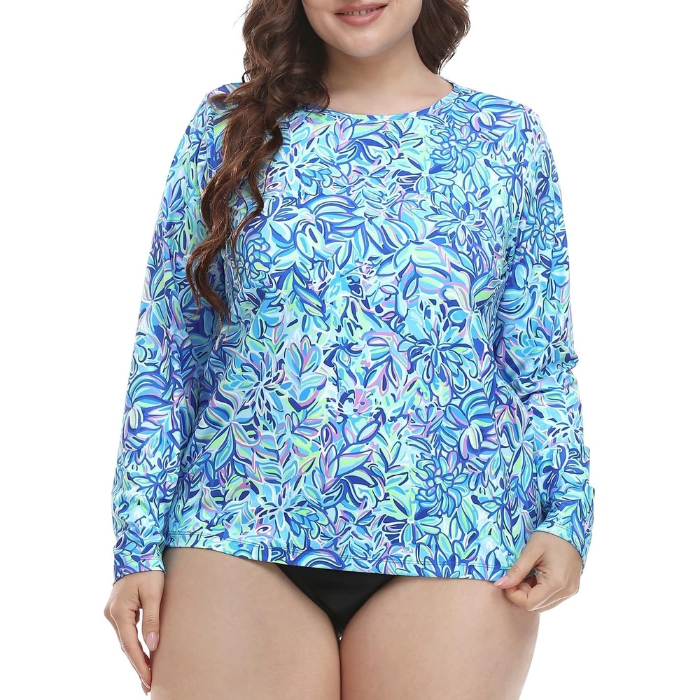 image:imageHDE Plus Size Rash Guard for Women UPF 50 Quick Dry Long Sleeve Swim TopBeach Floral