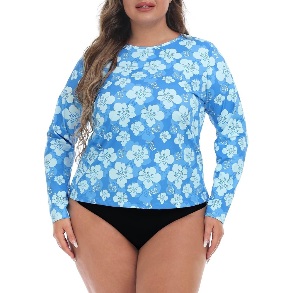 image:imageHDE Plus Size Rash Guard for Women UPF 50 Quick Dry Long Sleeve Swim TopBlue Hibiscus