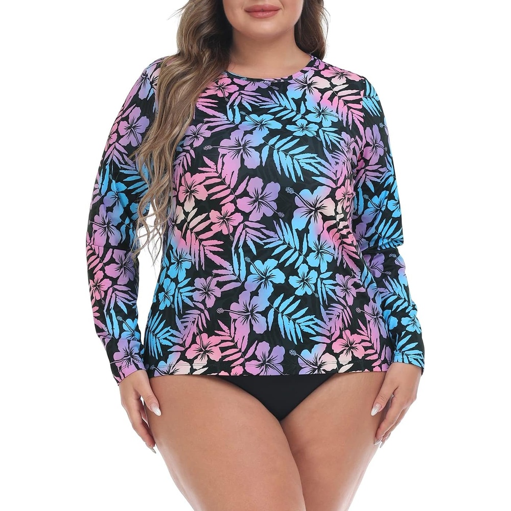 image:imageHDE Plus Size Rash Guard for Women UPF 50 Quick Dry Long Sleeve Swim TopHawaiian Black
