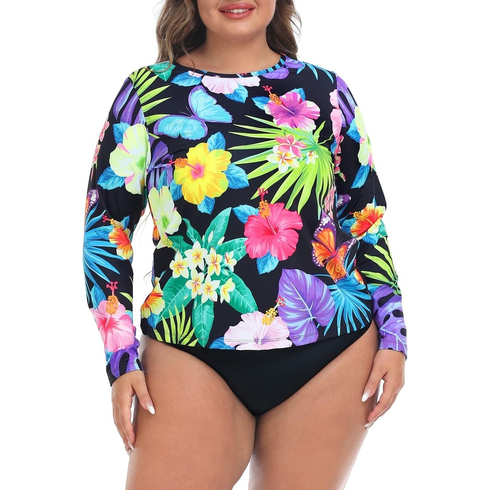 image:imageHDE Plus Size Rash Guard for Women UPF 50 Quick Dry Long Sleeve Swim TopRetro Paradise