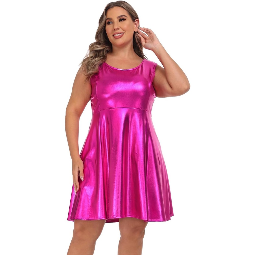 image:imageHDE Plus Size Shiny Metallic Alien Costume Dress Futuristic Sleeveless Space Skater DressHot Pink