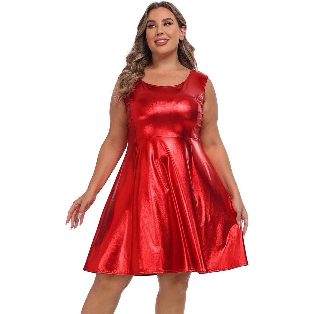 image:imageHDE Plus Size Shiny Metallic Alien Costume Dress Futuristic Sleeveless Space Skater DressRed