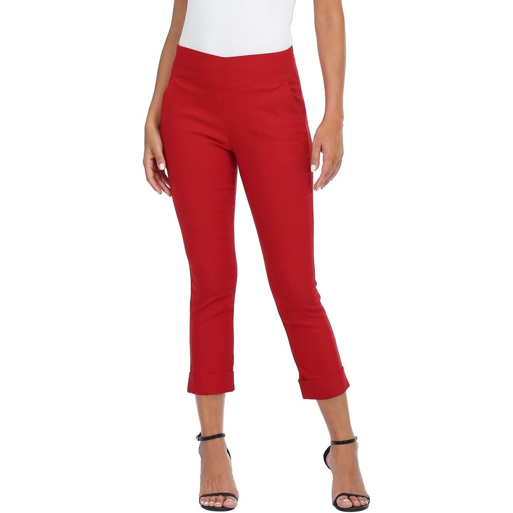 image:imageHDE Pull On Capri Pants for Women with Pockets Elastic Waist Cropped Work PantsRed