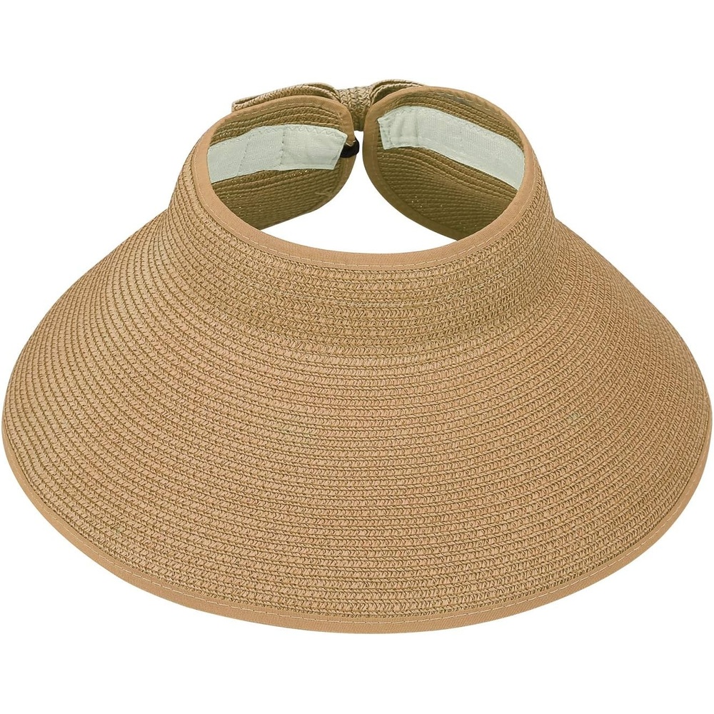 image:imageHDE Sun Visor for Women Roll Up Ponytail Hat Packable Beach Straw Visor Sun HatsBrown