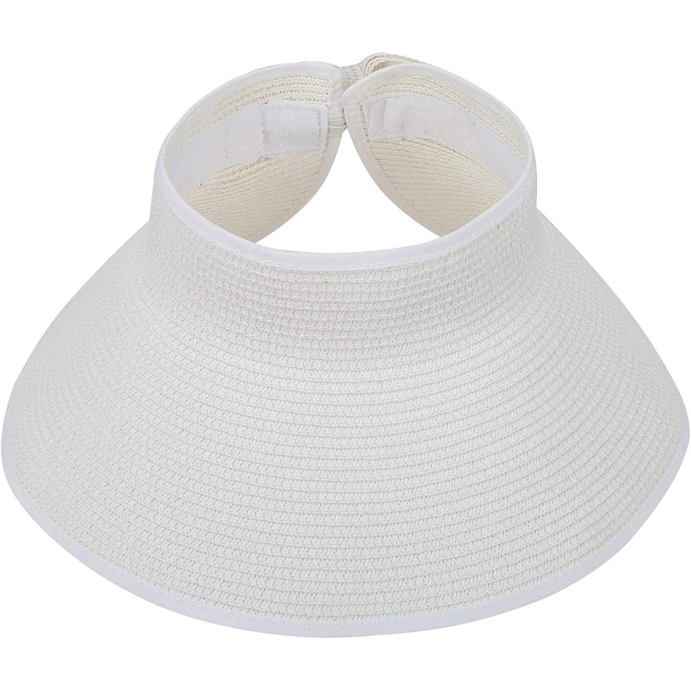 image:imageHDE Sun Visor for Women Roll Up Ponytail Hat Packable Beach Straw Visor Sun HatsWhite