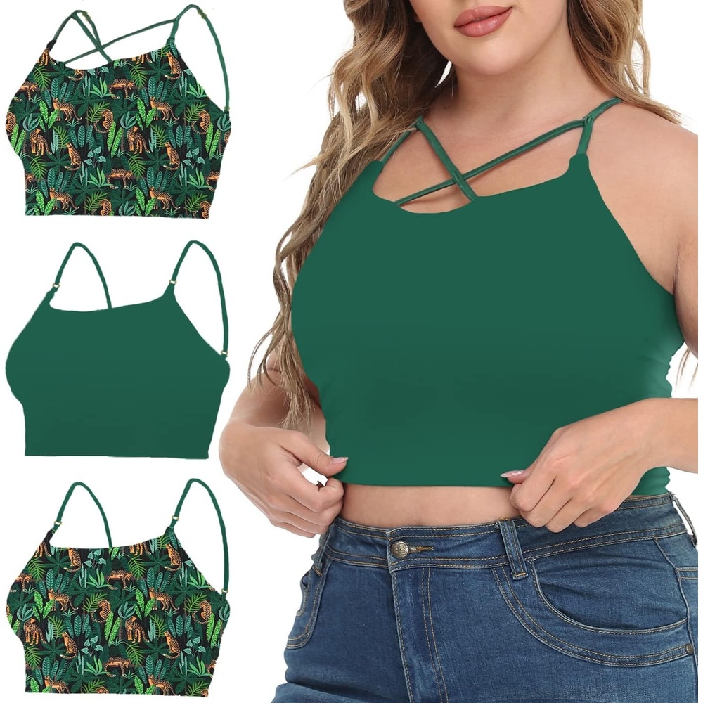 image:imageHDE Womens 4 in 1 Reversible Plus Size Crop Top Bralette Strappy Cami BustierGreen Jungle Cat
