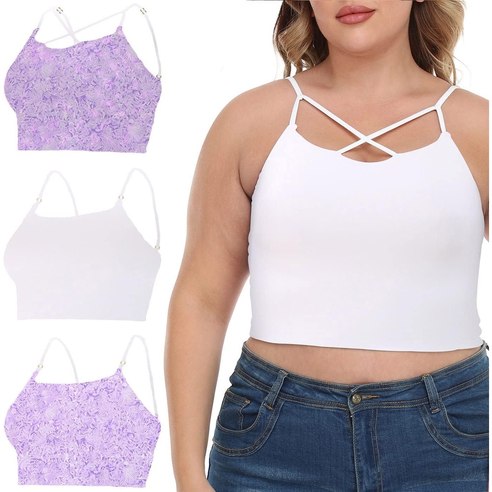 image:imageHDE Womens 4 in 1 Reversible Plus Size Crop Top Bralette Strappy Cami BustierWhite Lilac Tropics