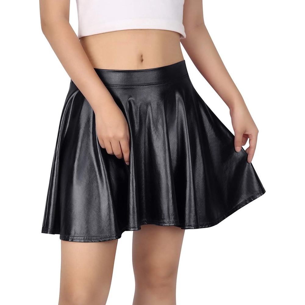 image:imageHDE Womens Casual Fashion Flared Pleated Wet Look ALine Mini Skirts Circle Shiny Stretch High Waist Metallic Skater SkirtBlack