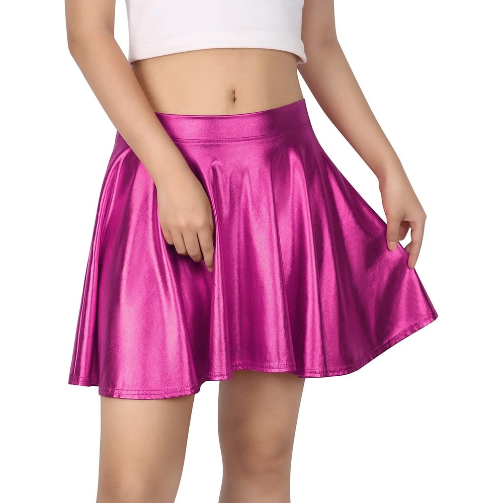 image:imageHDE Womens Casual Fashion Flared Pleated Wet Look ALine Mini Skirts Circle Shiny Stretch High Waist Metallic Skater SkirtHot Pink
