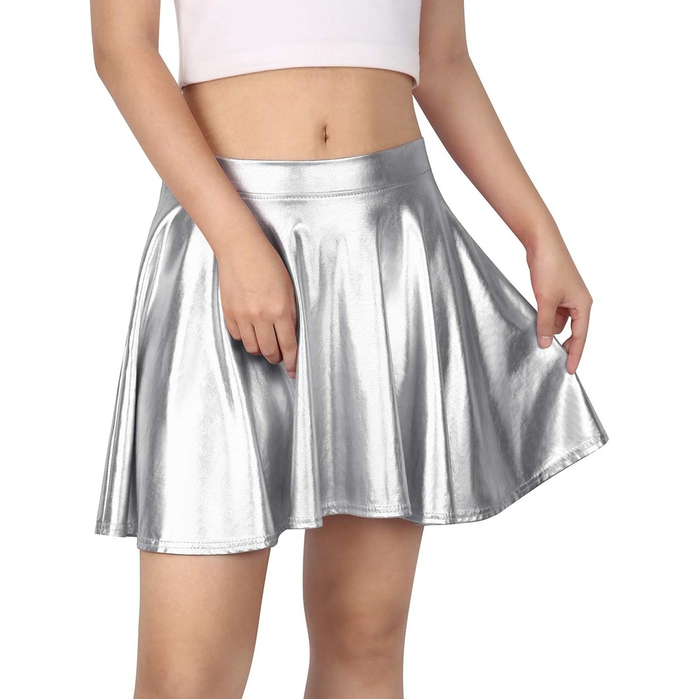 image:imageHDE Womens Casual Fashion Flared Pleated Wet Look ALine Mini Skirts Circle Shiny Stretch High Waist Metallic Skater SkirtSilver