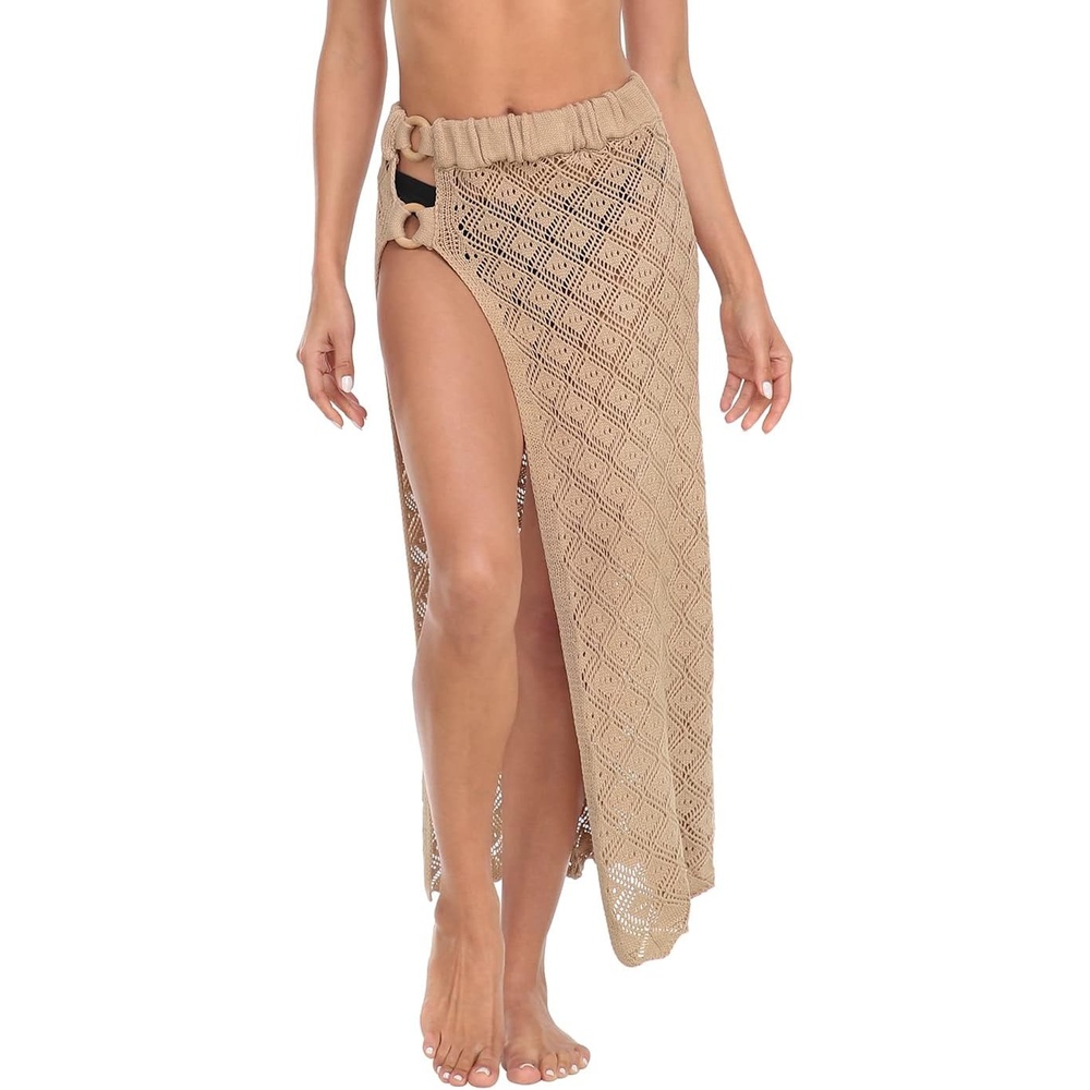 image:imageHDE Womens Crochet Cotton Maxi Skirt Beach Cover Up Hollow Knit Swimsuit CoverupSandy Beige