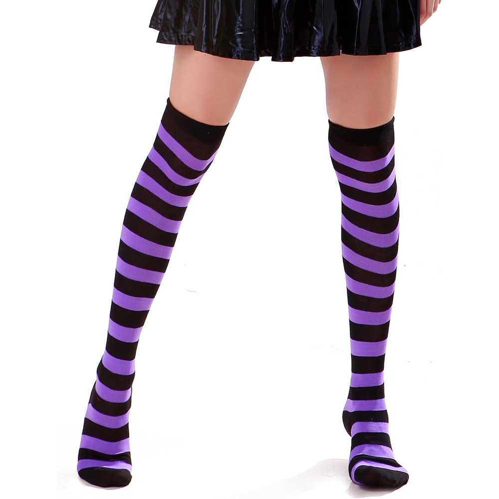 image:imageHDE Womens Extra Long Striped Socks Over Knee High Opaque StockingsM Black Purple Stripes
