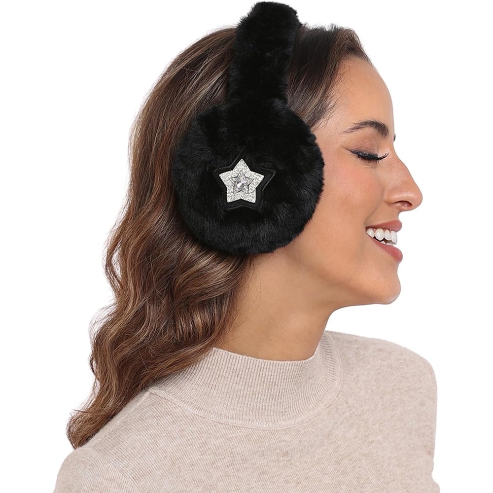 image:imageHDE Womens Fuzzy Faux Fur Earmuffs Cute Foldable Winter Ear Warmers with Rhinestone Charms Adjustable Outdoor Ear CoversBlack Star Charm