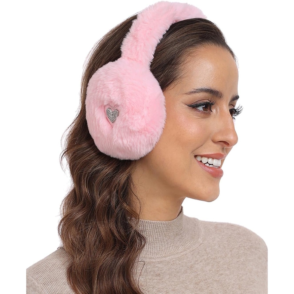 image:imageHDE Womens Fuzzy Faux Fur Earmuffs Cute Foldable Winter Ear Warmers with Rhinestone Charms Adjustable Outdoor Ear CoversLight Pink Heart Charm