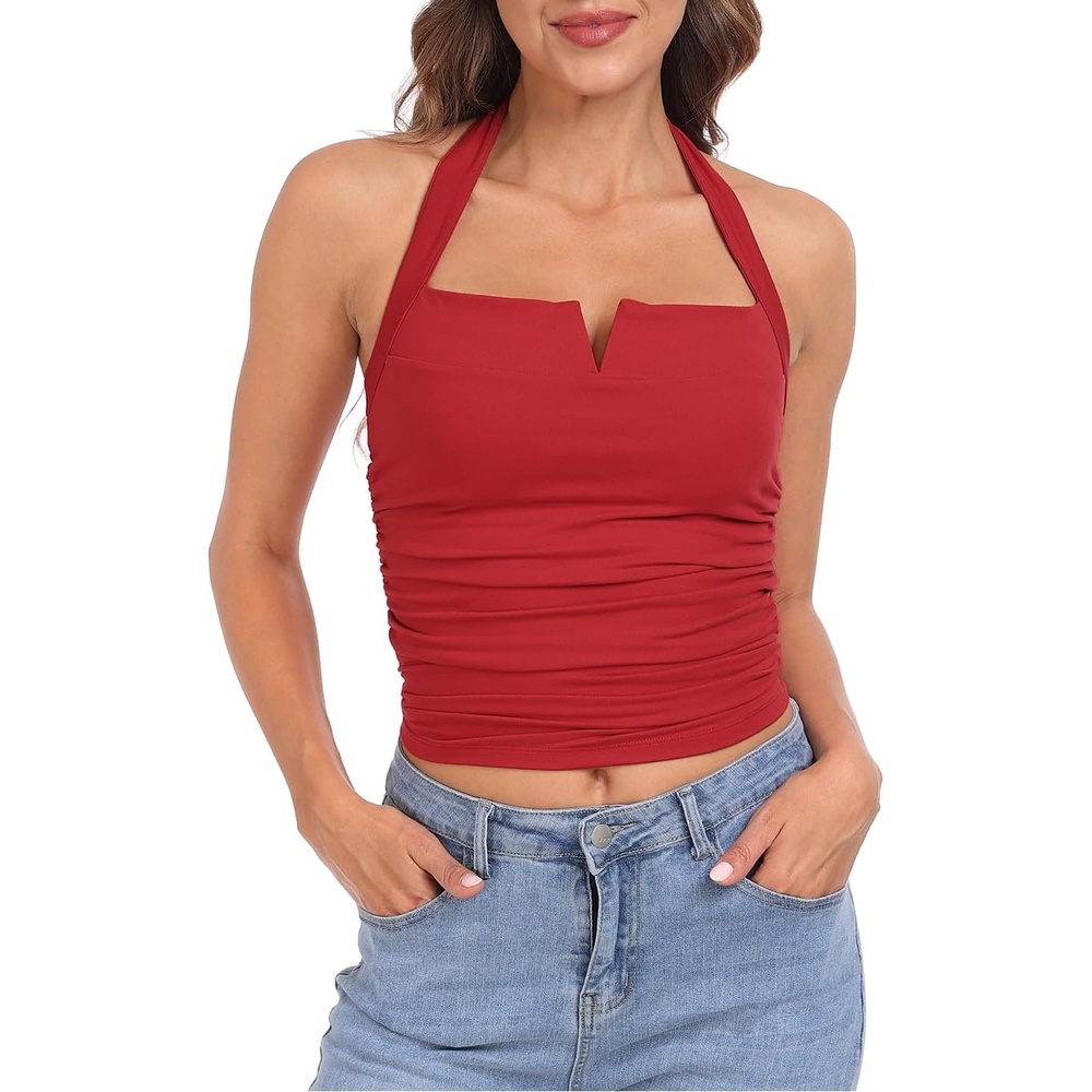 image:imageHDE Womens Halter Top with Built in Bra Ruched Backless Basic Summer TopsRed