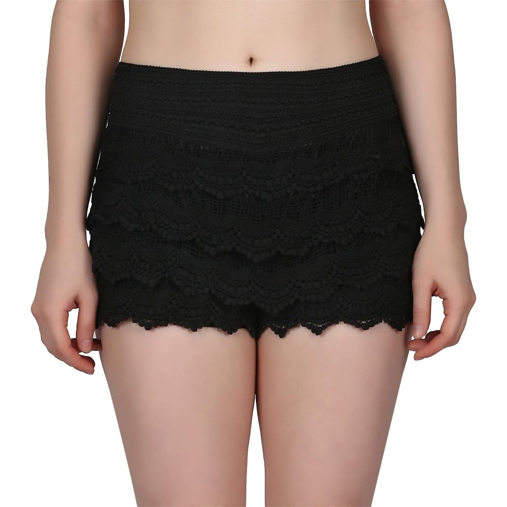image:imageHDE Womens Lace Shorts Fitted Scallop Hem Layered Crochet Mini Hot Pants Y2K Tiered Mid Rise Laced Vintage Summer ShortsBlack