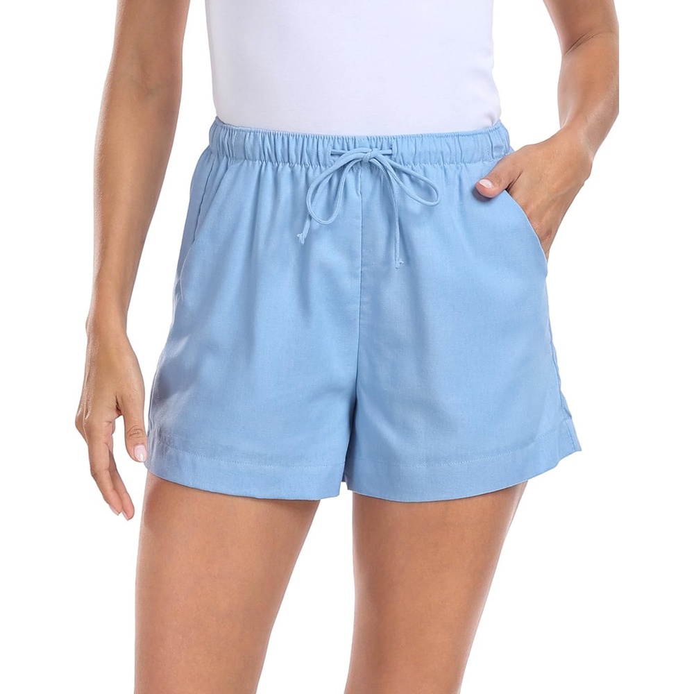 image:imageHDE Womens Linen Blend Drawstring Shorts High Waisted 4 Inseam Summer ShortsBlue