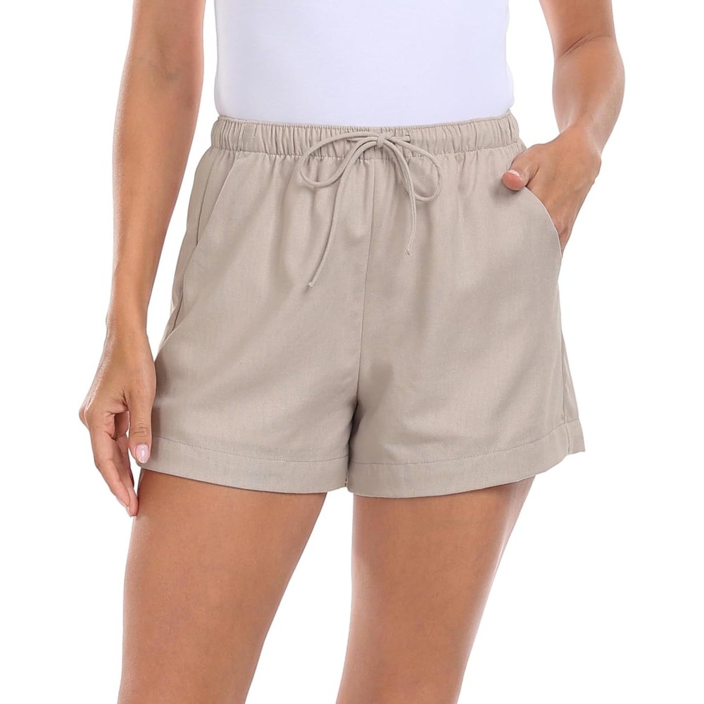 image:imageHDE Womens Linen Blend Drawstring Shorts High Waisted 4 Inseam Summer ShortsGray Beige