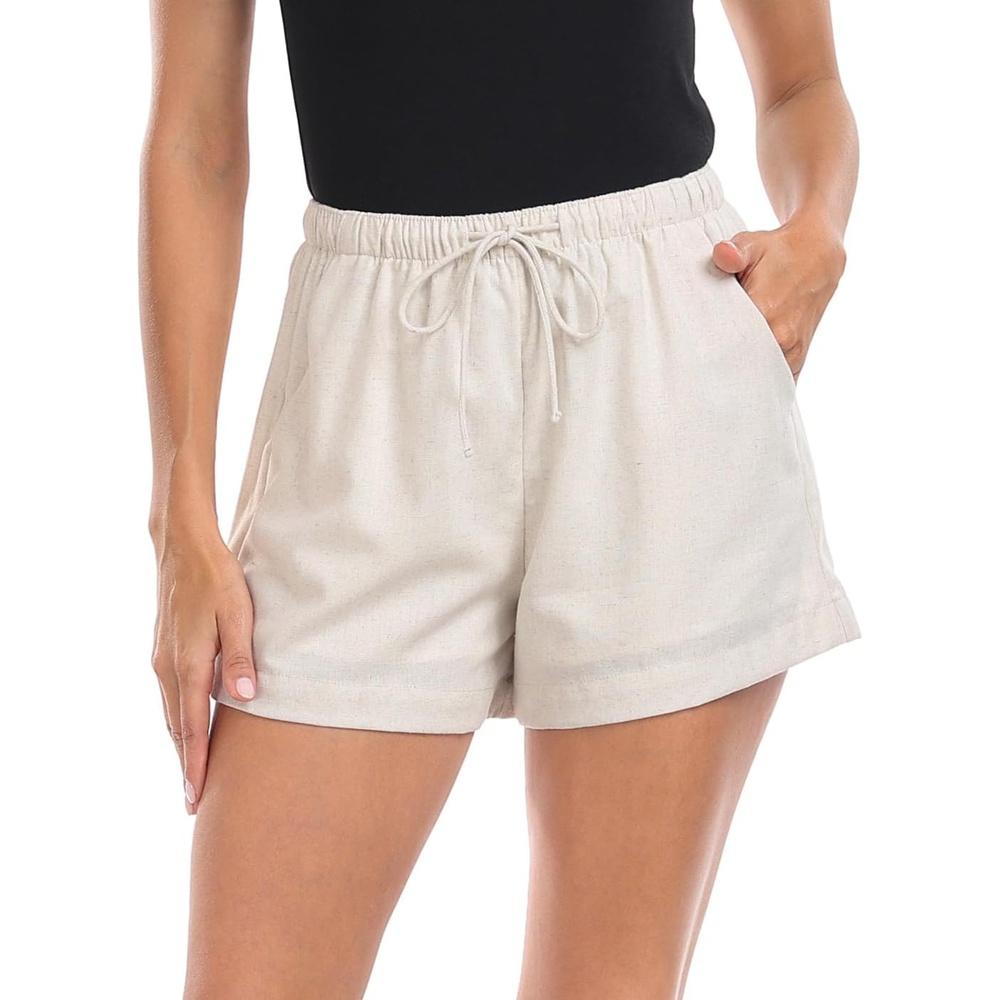 image:imageHDE Womens Linen Blend Drawstring Shorts High Waisted 4 Inseam Summer ShortsKhaki Sand