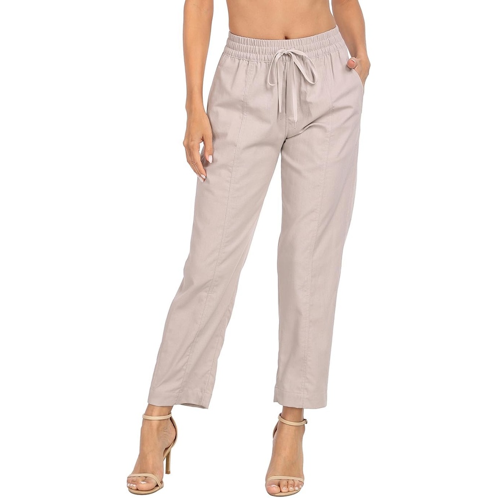 image:imageHDE Womens Linen Blend Pull On Pants Summer Drawstring Ankle Pant with PocketsGray Beige