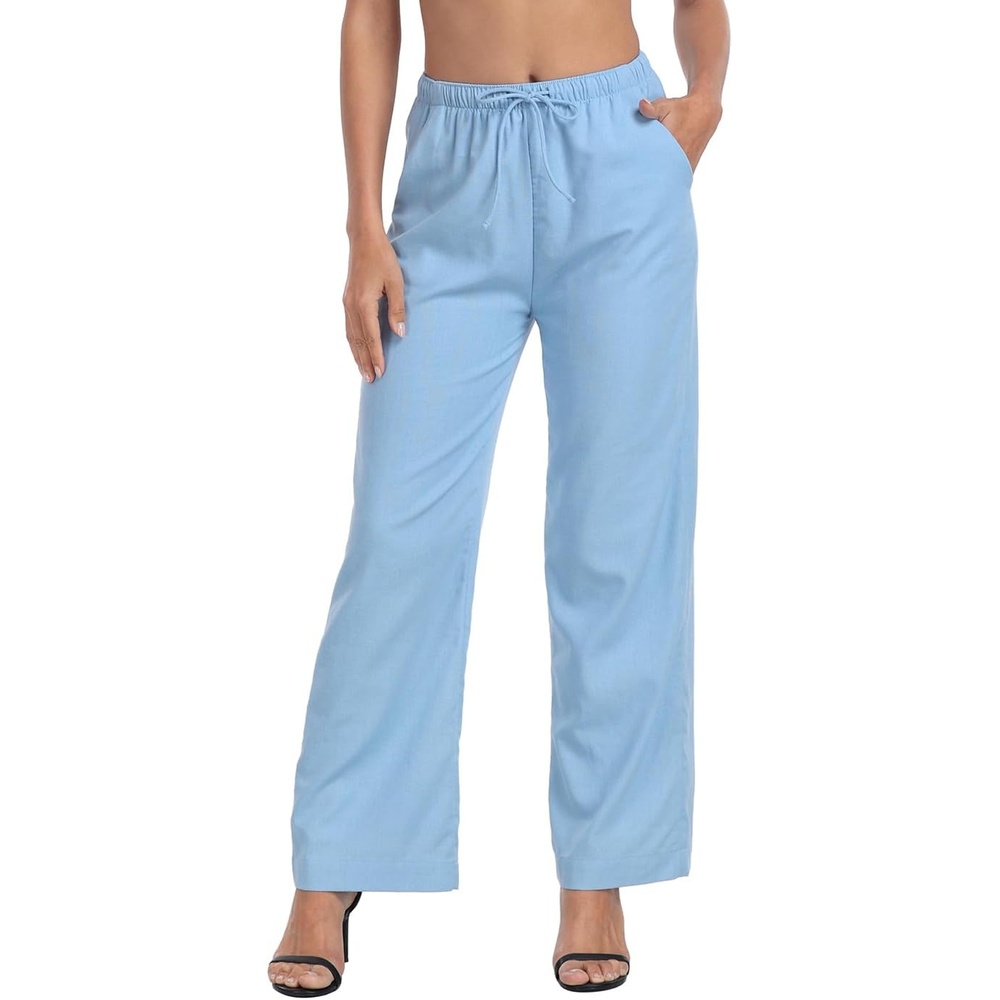 image:imageHDE Womens Linen Pull On Drawstring Pants High Waist Wide Leg Palazzo Beach Trouser Flowy Casual Summer Pants with PocketsBlue