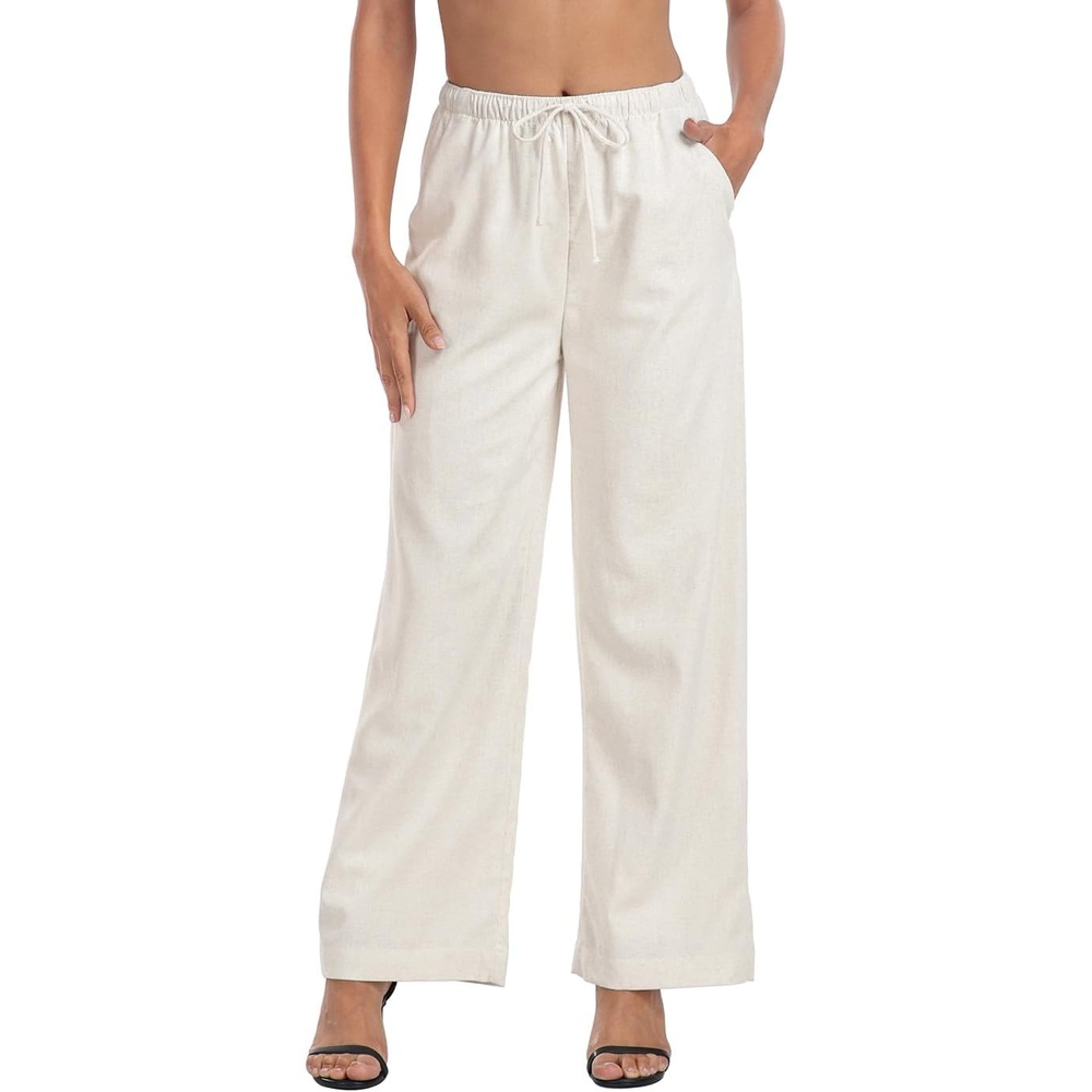 image:imageHDE Womens Linen Pull On Drawstring Pants High Waist Wide Leg Palazzo Beach Trouser Flowy Casual Summer Pants with PocketsKhaki Sand