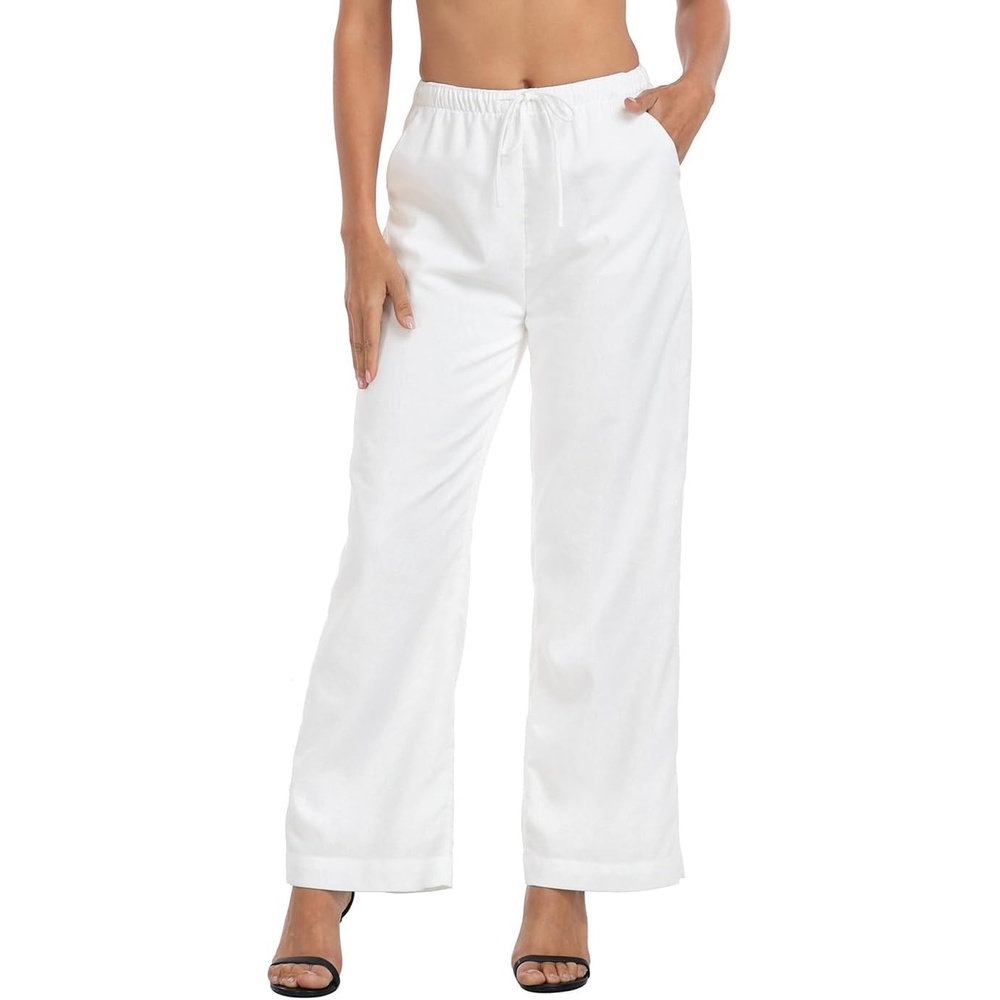 image:imageHDE Womens Linen Pull On Drawstring Pants High Waist Wide Leg Palazzo Beach Trouser Flowy Casual Summer Pants with PocketsWhite