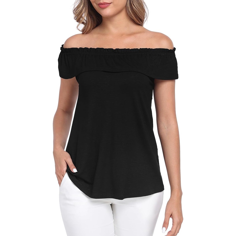 image:imageHDE Womens Off Shoulder Ruffle Tops Loose Summer Convertible Sleeveless BlouseBlack