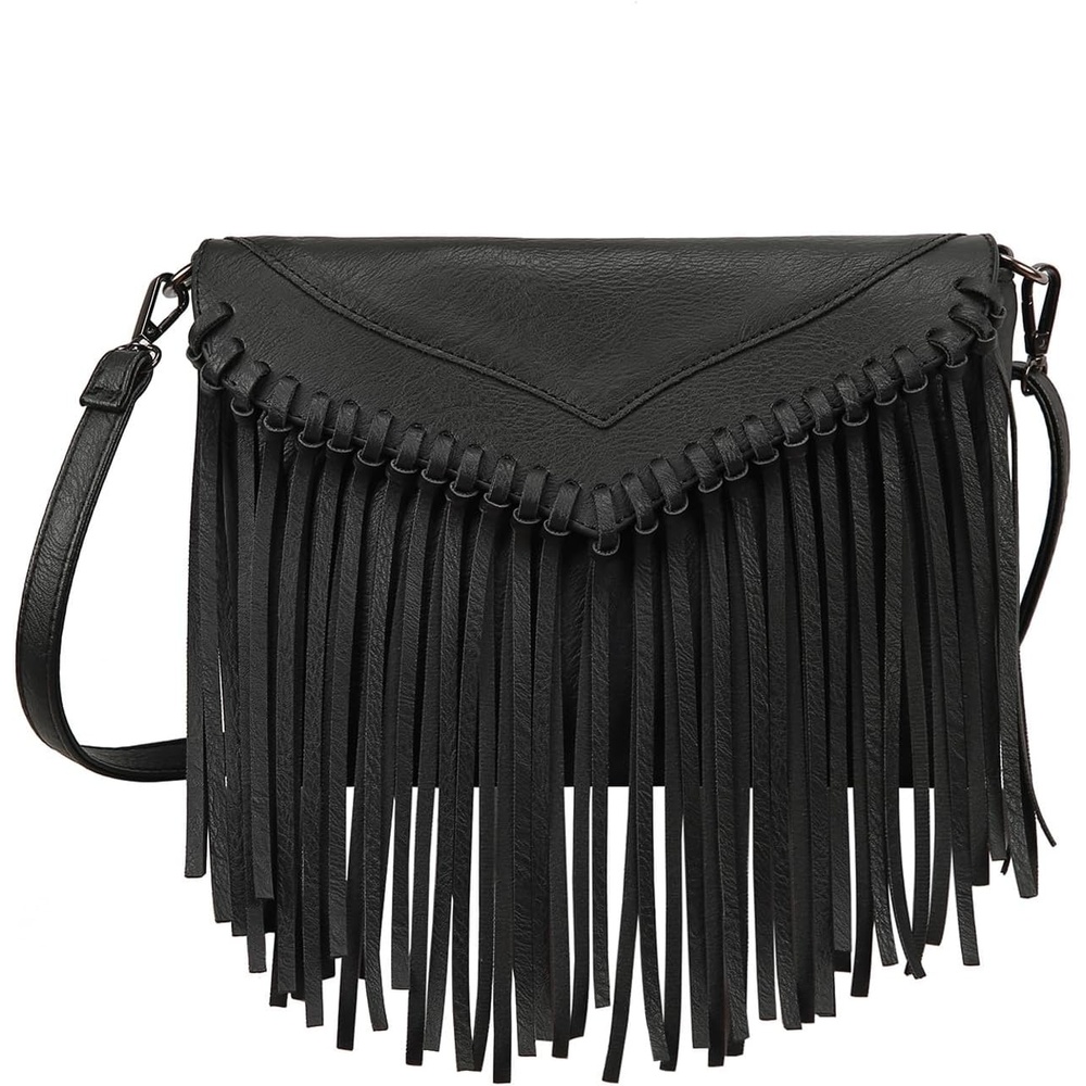 image:imageHDE Womens PU Leather Hobo Fringe Crossbody Tassel Purse Vintage Flap Envelope Handbag Western Sling Shoulder BagBlack