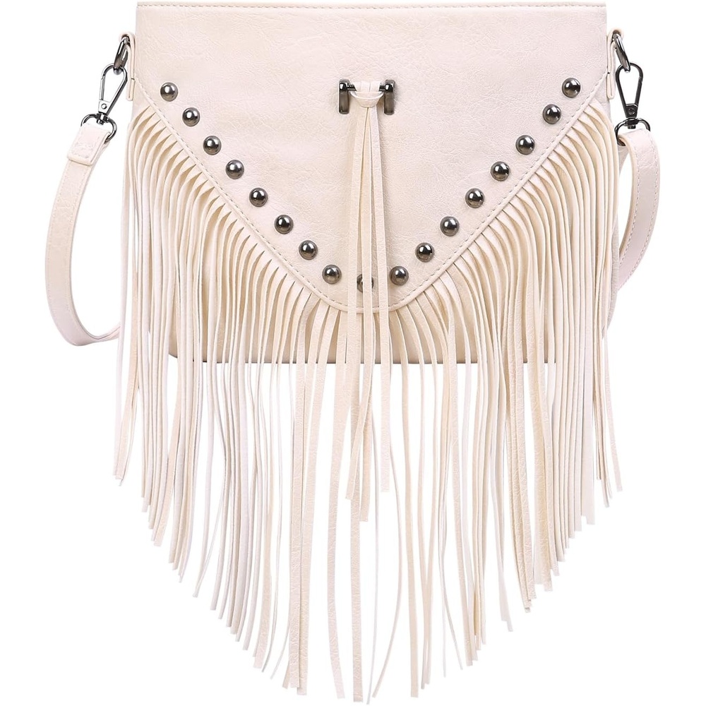 image:imageHDE Womens PU Leather Hobo Fringe Crossbody Tassel Purse Vintage Flap Envelope Handbag Western Sling Shoulder BagCream White