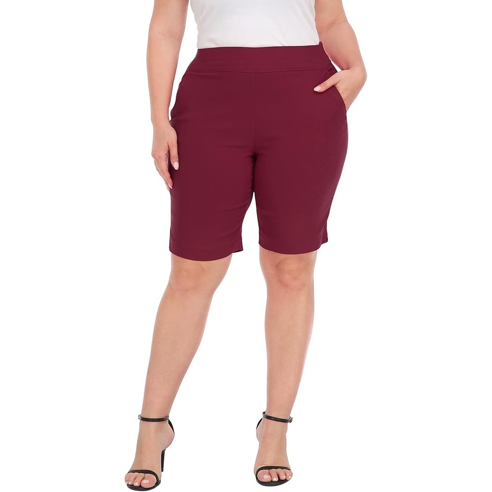 image:imageHDE Womens Plus Size Bermuda Shorts Mid Rise 10 Inseam Shorts with PocketsBurgundy
