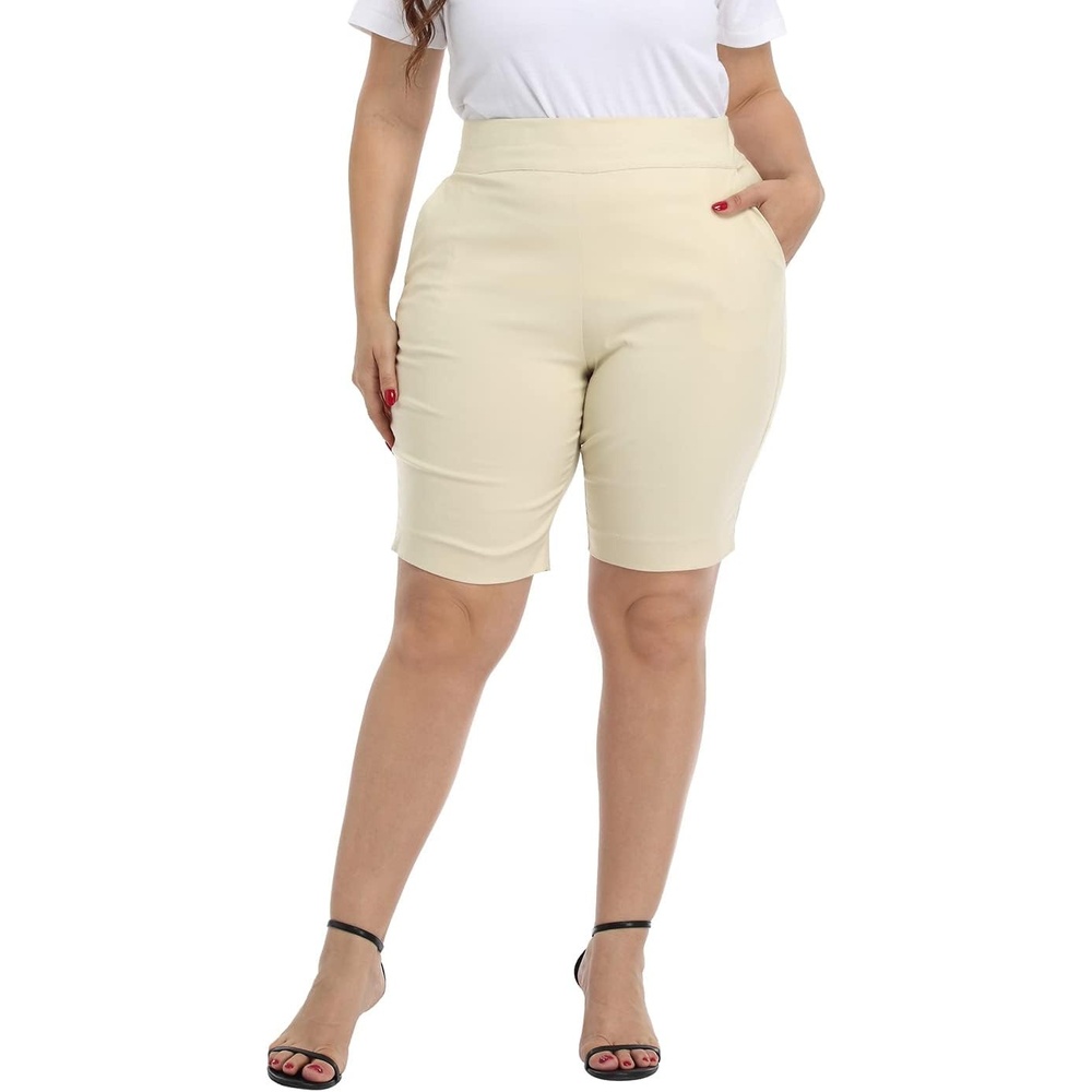 image:imageHDE Womens Plus Size Bermuda Shorts Mid Rise 10 Inseam Shorts with PocketsKhaki