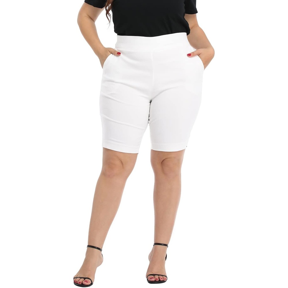 image:imageHDE Womens Plus Size Bermuda Shorts Mid Rise 10 Inseam Shorts with PocketsWhite