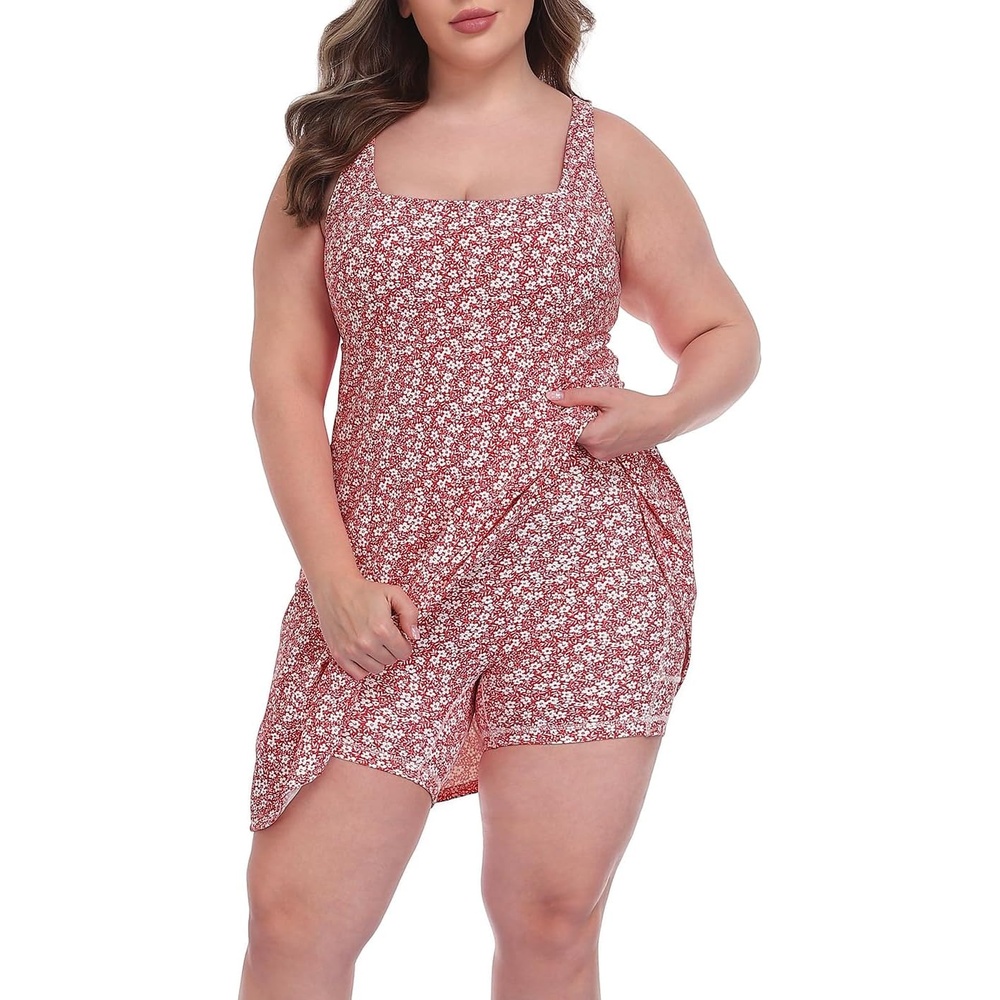 image:imageHDE Womens Plus Size Easy Quick Slip Tennis Dress Square Neck Workout Athletic Golf Active Dresses Builtin Shorts and BraStrawberry Floral