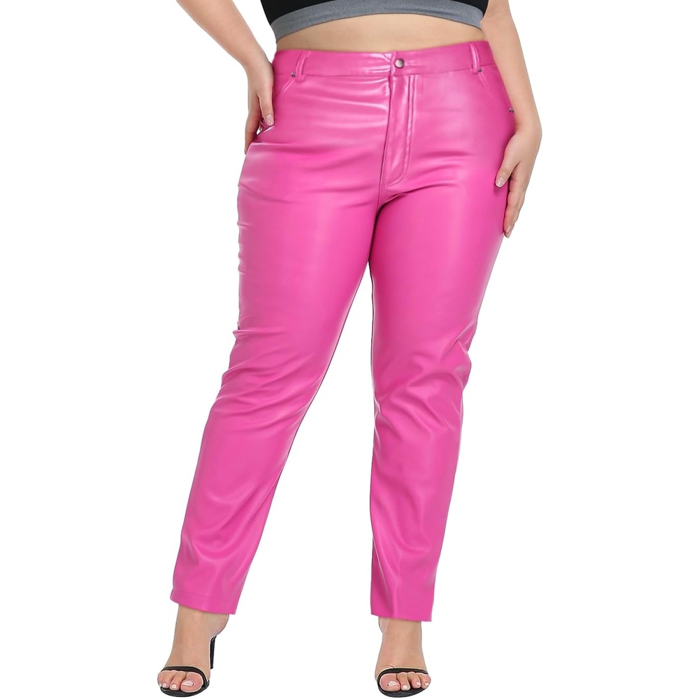 image:imageHDE Womens Plus Size Faux Leather Pants High Waist Straight Leg Pant wPocketsHot Pink