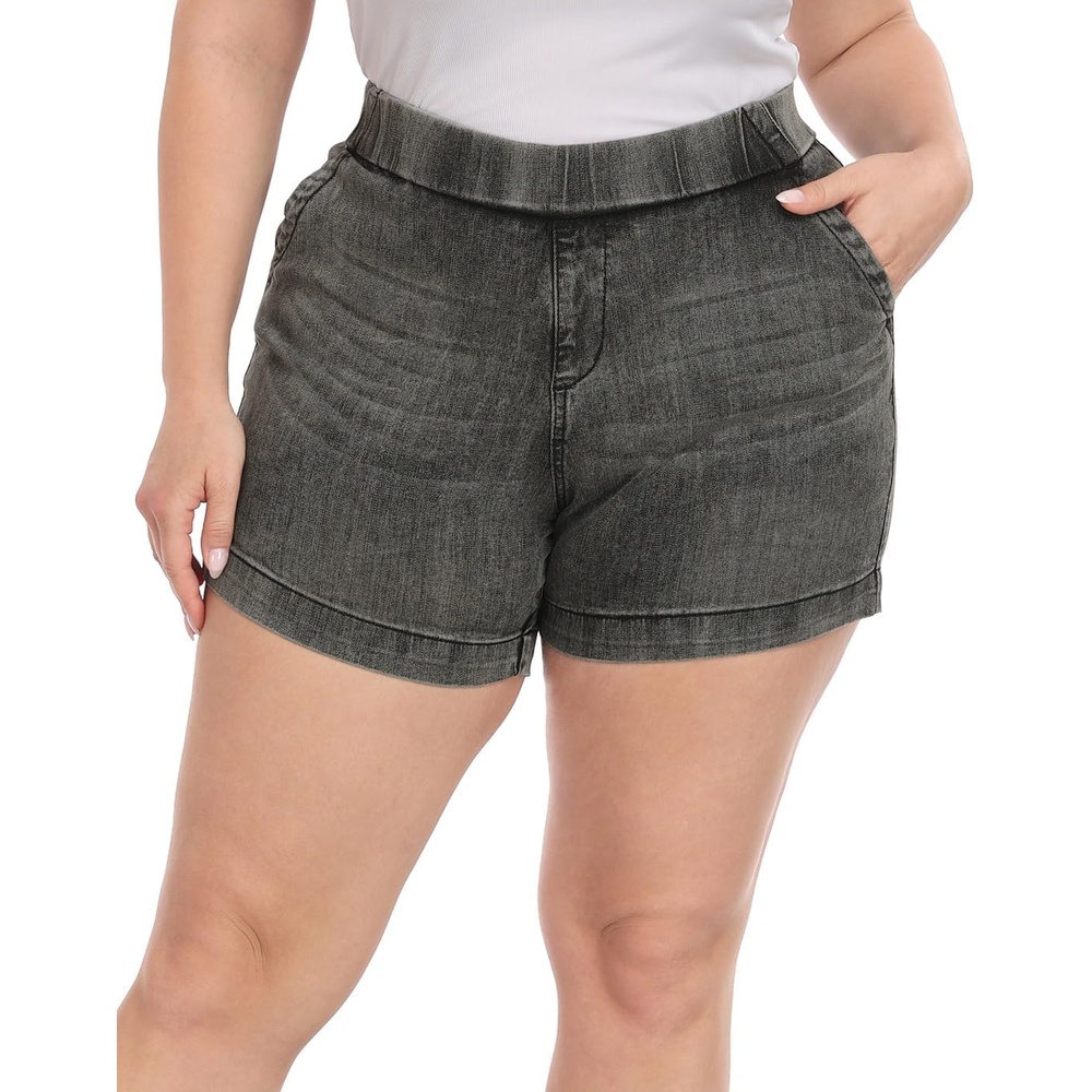 image:imageHDE Womens Plus Size High Waisted Jean Shorts 5 inch Inseam Clean Hem Comfort Waist Pull On Stretch Denim Shorts with PocketsBlack