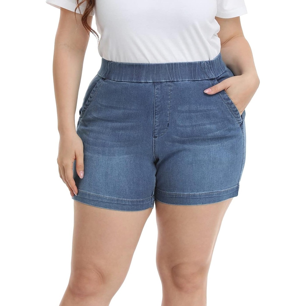 image:imageHDE Womens Plus Size High Waisted Jean Shorts 5 inch Inseam Clean Hem Comfort Waist Pull On Stretch Denim Shorts with PocketsBlue