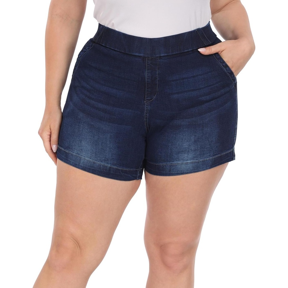 image:imageHDE Womens Plus Size High Waisted Jean Shorts 5 inch Inseam Clean Hem Comfort Waist Pull On Stretch Denim Shorts with PocketsDark Blue